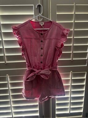 BiBi Pink Ruffle-Sleeve Denim Romper with Self-Tie Belt